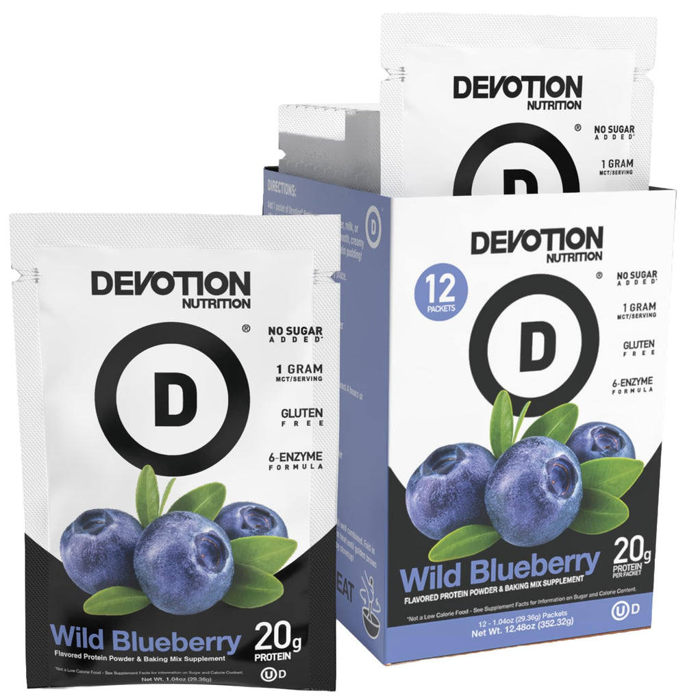 Devotion Nutrition Wild Blueberry protein powder packets for on-the-go shakes with no added sugar.