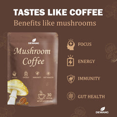 DEWANG Mushroom Coffee ingredients bottle highlights dual-extracted mushrooms for flavor and balance.
