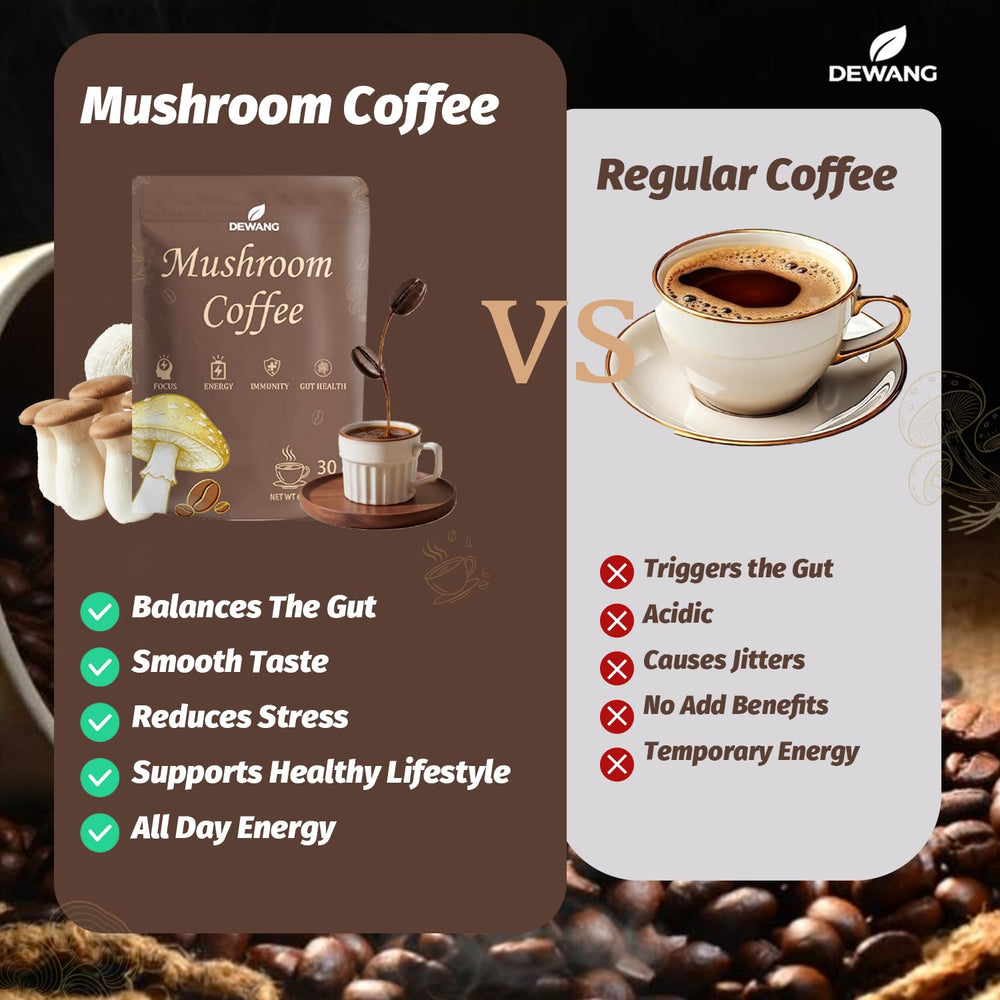 DEWANG Mushroom Coffee label close-up emphasizes vegan, gluten-free, no-sugar formula.