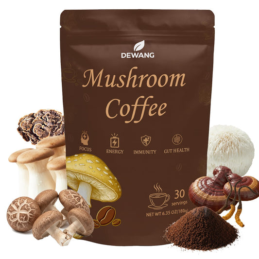 DEWANG Mushroom Coffee pack demonstrates premium blend for steady energy and focus.