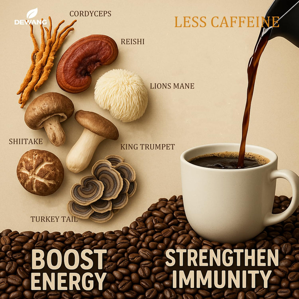DEWANG Mushroom Coffee spoon-dispense shows easy measurement for consistent taste.