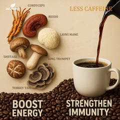 DEWANG Mushroom Coffee spoon-dispense shows easy measurement for consistent taste.