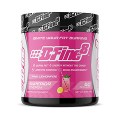 D-Fine8 thermogenic pre-workout tub ready for intense training, delivering focused energy.