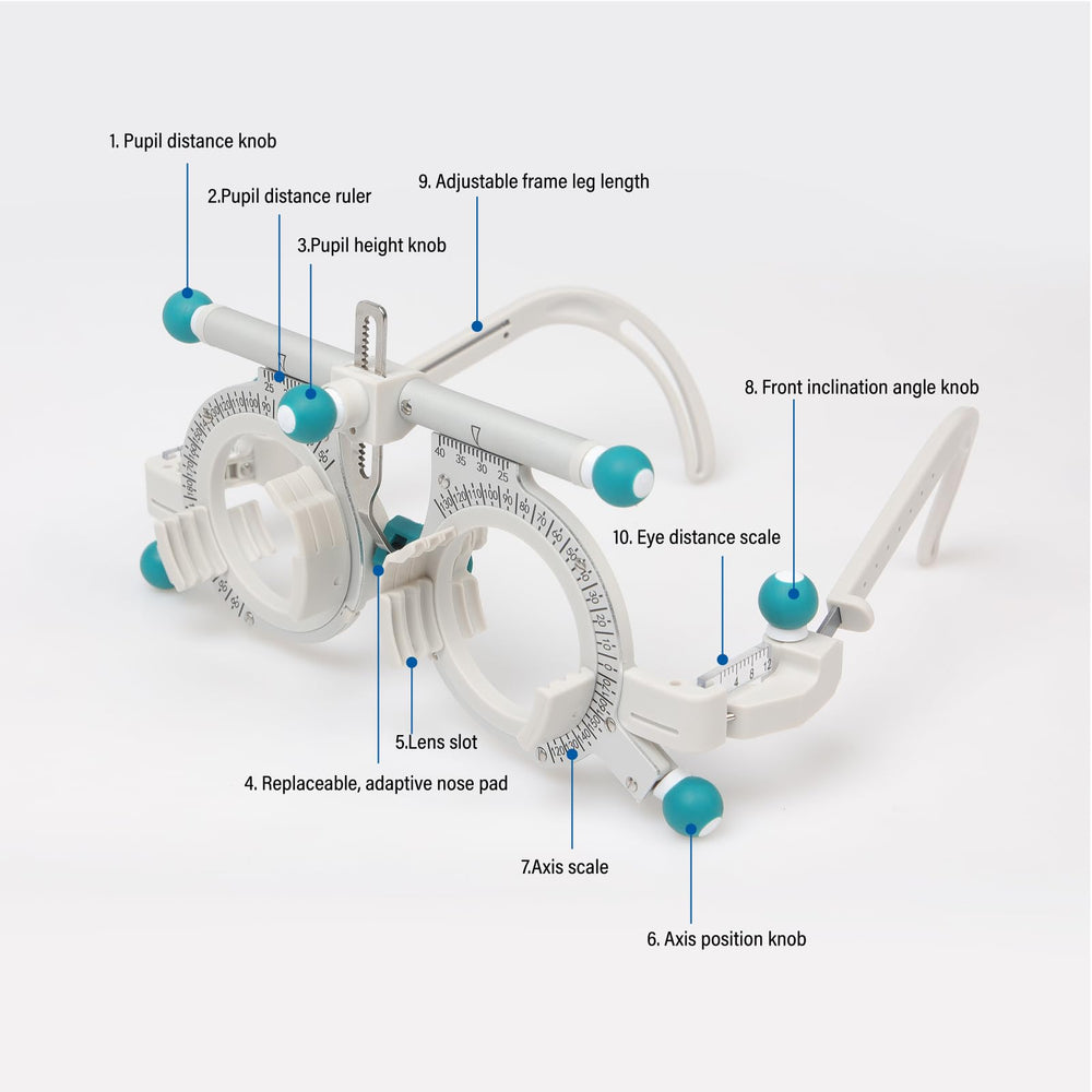 Dhoptical trial frame demonstrating 5-lens insert capacity for flexible testing.