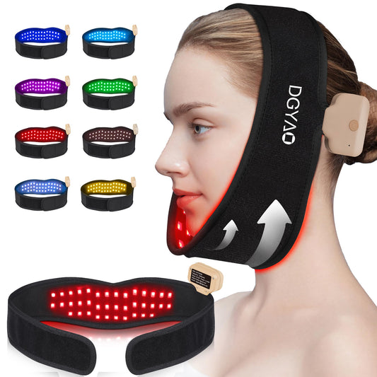 Dialudon neck-chin therapy wrap front view shows portable cordless design for on-the-go use.