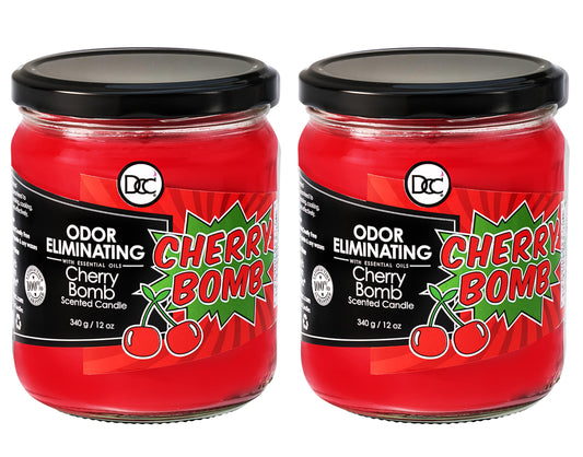 Dianne's Custom Candles Cherry Bomb two-pack jar shows odor-eliminating power for fresh rooms.