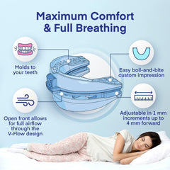 Difiney anti-snoring device in-mouth-use displays customized molding for snug wear.