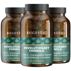 Digestic bottle with 180 capsules for natural constipation relief.