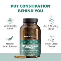 Digestic constipation-relief capsules shown for gentle, natural bowel support.