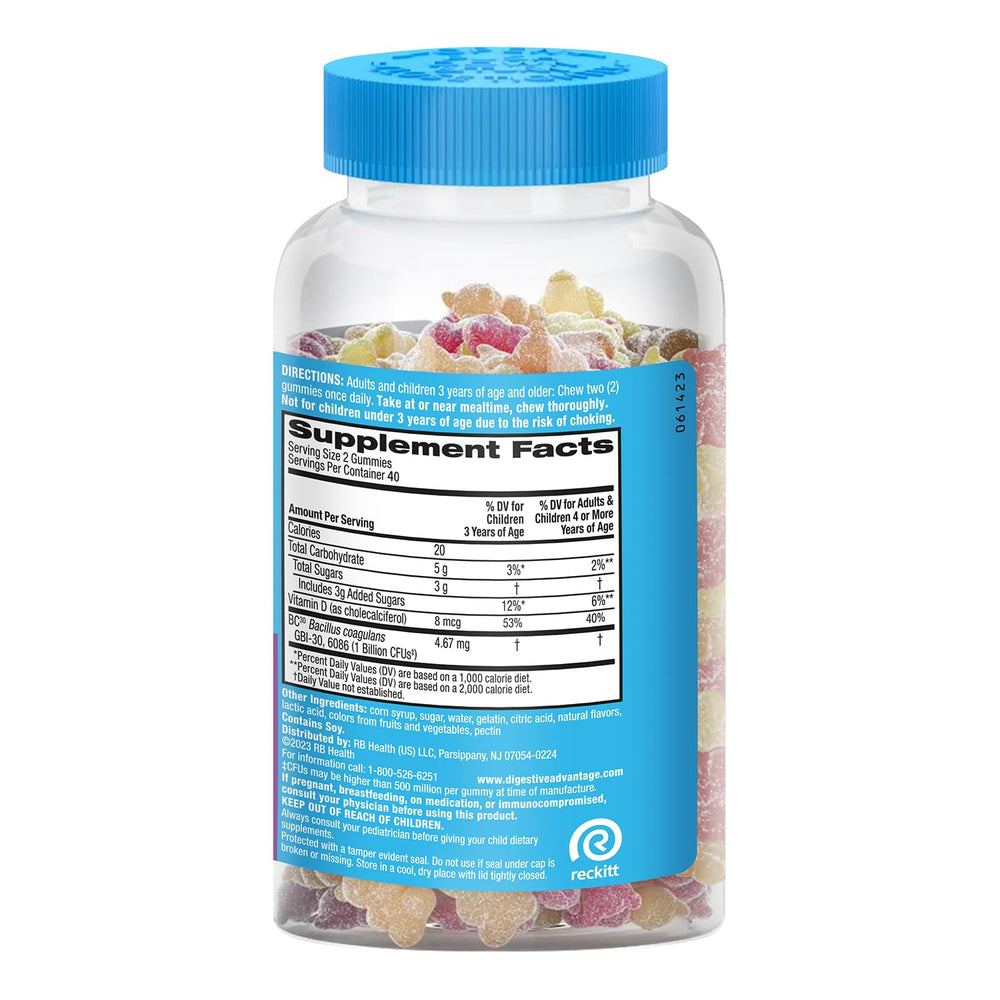 Digestive Advantage gummies on a kitchen counter with fresh fruit.