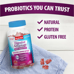 Digestive Advantage red bottle emphasizes gluten-free superfruit gummies.