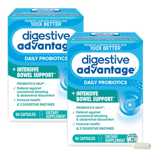 Digestive Advantage IBS probiotic bottle showing daily gut support and 1B CFU potency