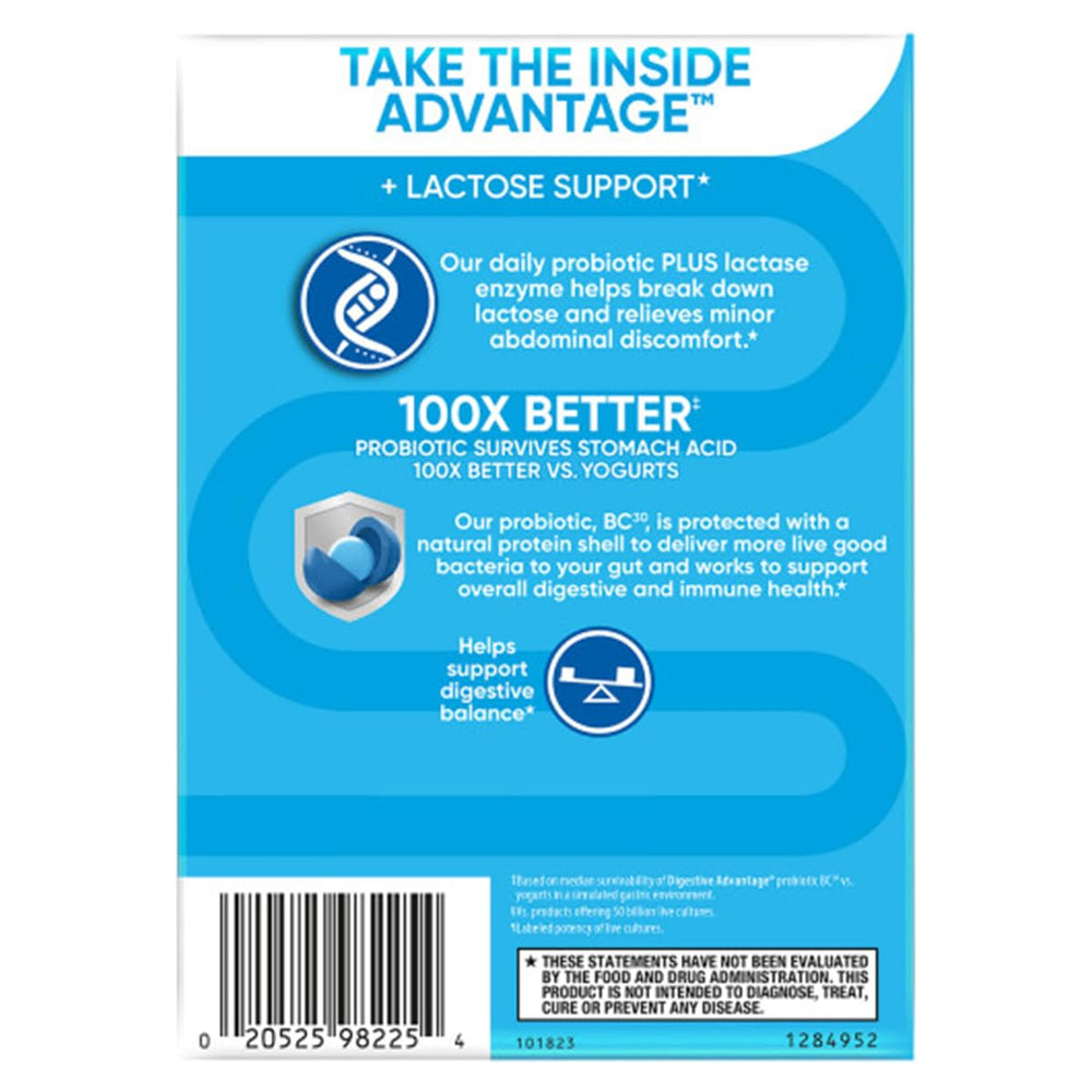 Digestive Advantage lactase pills illustrate lactose breakdown support for dairy digestion.