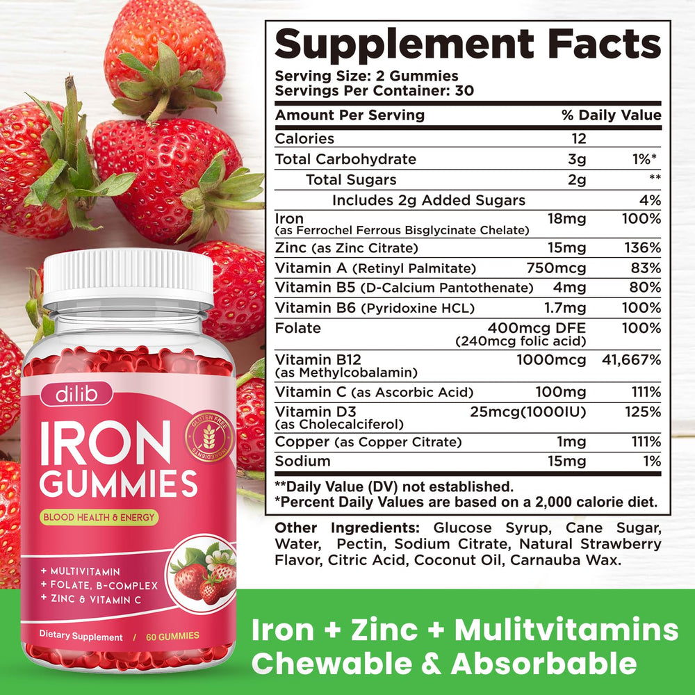 Dilib iron gummies nutritional panel displays 18 mg iron and key minerals.