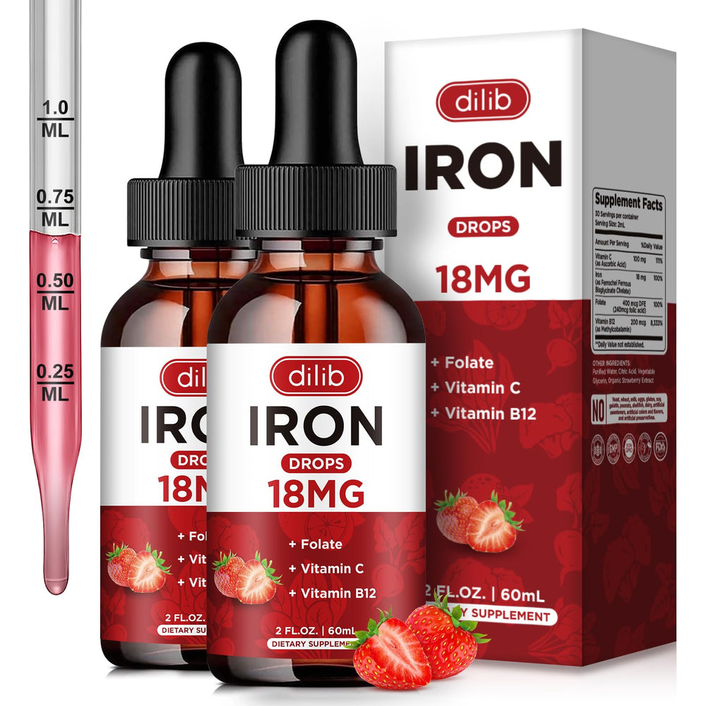 Dilib liquid iron bottle front showing the formula for daily energy support