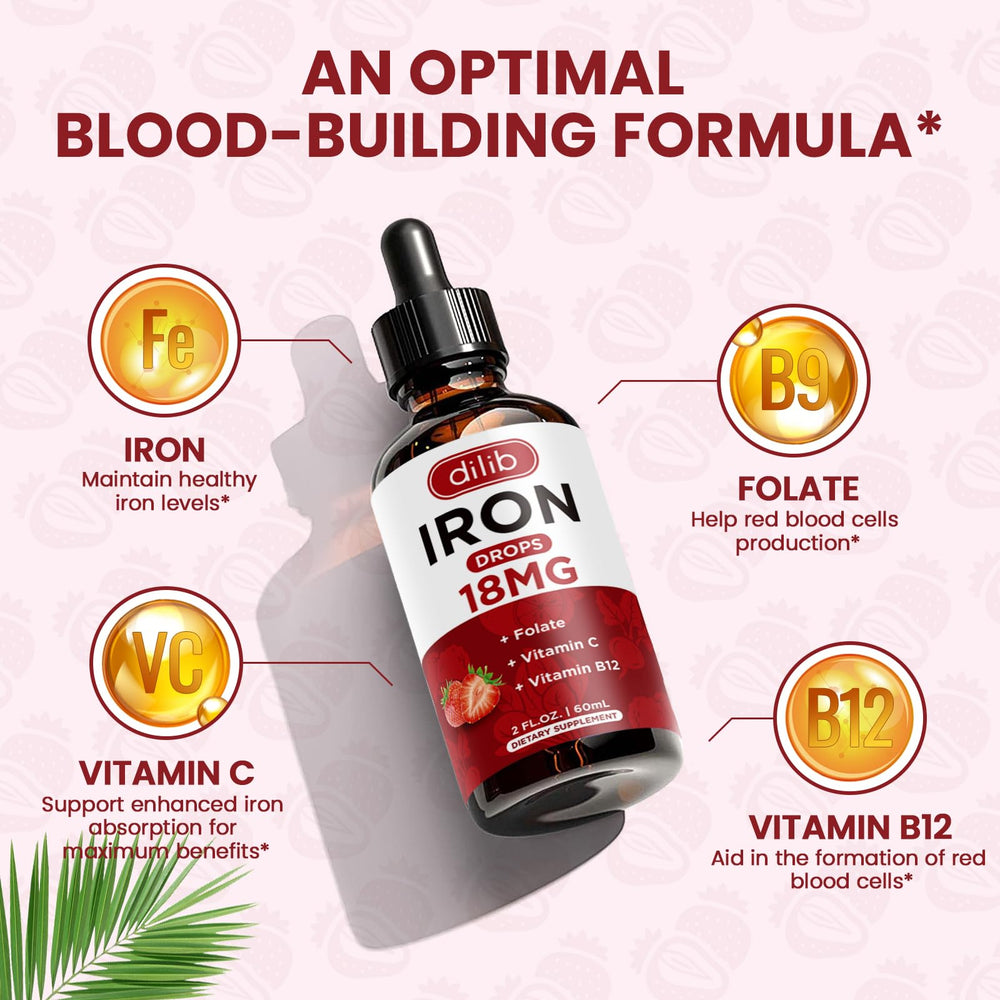 Dilib liquid iron dropper close-up highlighting easy daily iron intake
