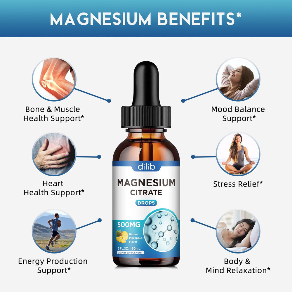 Dilib magnesium citrate liquid drops dropper demonstrates precise dosing for stress relief and relaxation.