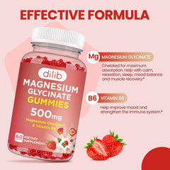 Dilib magnesium glycinate gummies close-up highlighting strawberry flavor and easy intake.