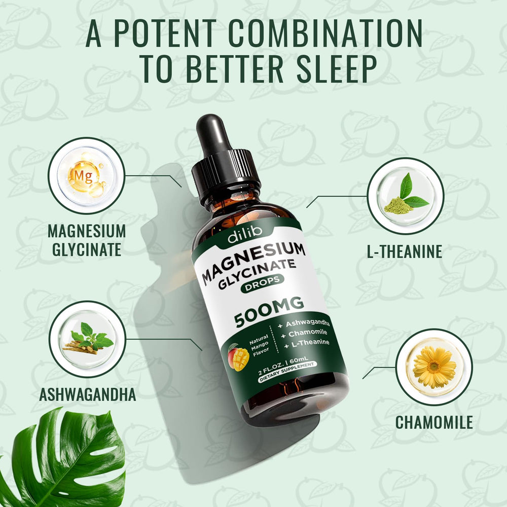 close-up of ingredients: magnesium glycinate, ashwagandha, l-theanine, chamomile