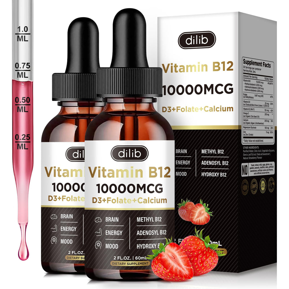 Dilib Vitamin B12 liquid drops bottle pour for easy dosing and quick absorption.