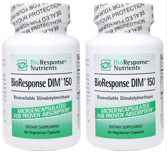 Dim BioResponse DIM bottle label showing 150 mg per capsule for daily use.