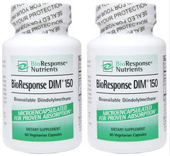 Dim BioResponse DIM bottle label showing 150 mg per capsule for daily use.