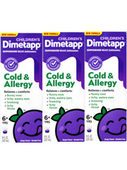 Dimetapp grape flavor bottle shows alcohol-free formula for kids.