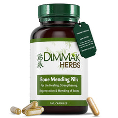 Dimmak Herbs Bone Mending Pills bottle displays organic vegan formula for bone support.