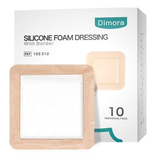 Dimora 6x6 wound dressing with border adhesive provides secure, gentle protection.