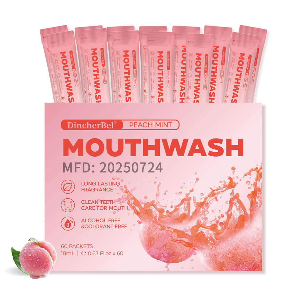 DincherBel travel peach mint mouthwash box for on-the-go freshness.