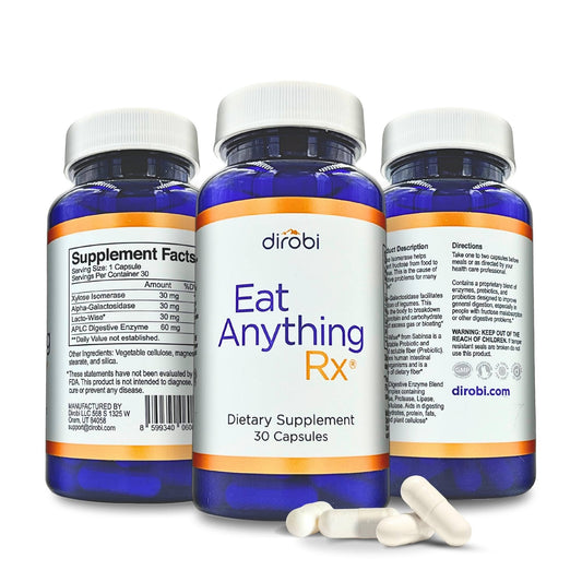 Dirobi Eat Anything bottle with xylose isomerase capsules supporting digestion after meals