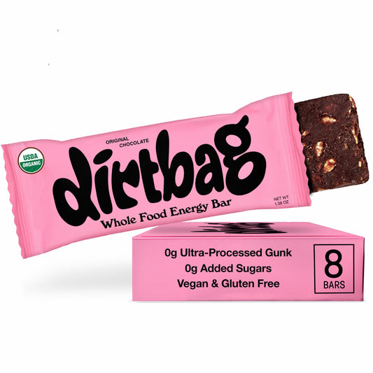 Dirtbag Bar Original Chocolate packaging highlights its vegan, gluten-free nature and eco-friendly wrapper.