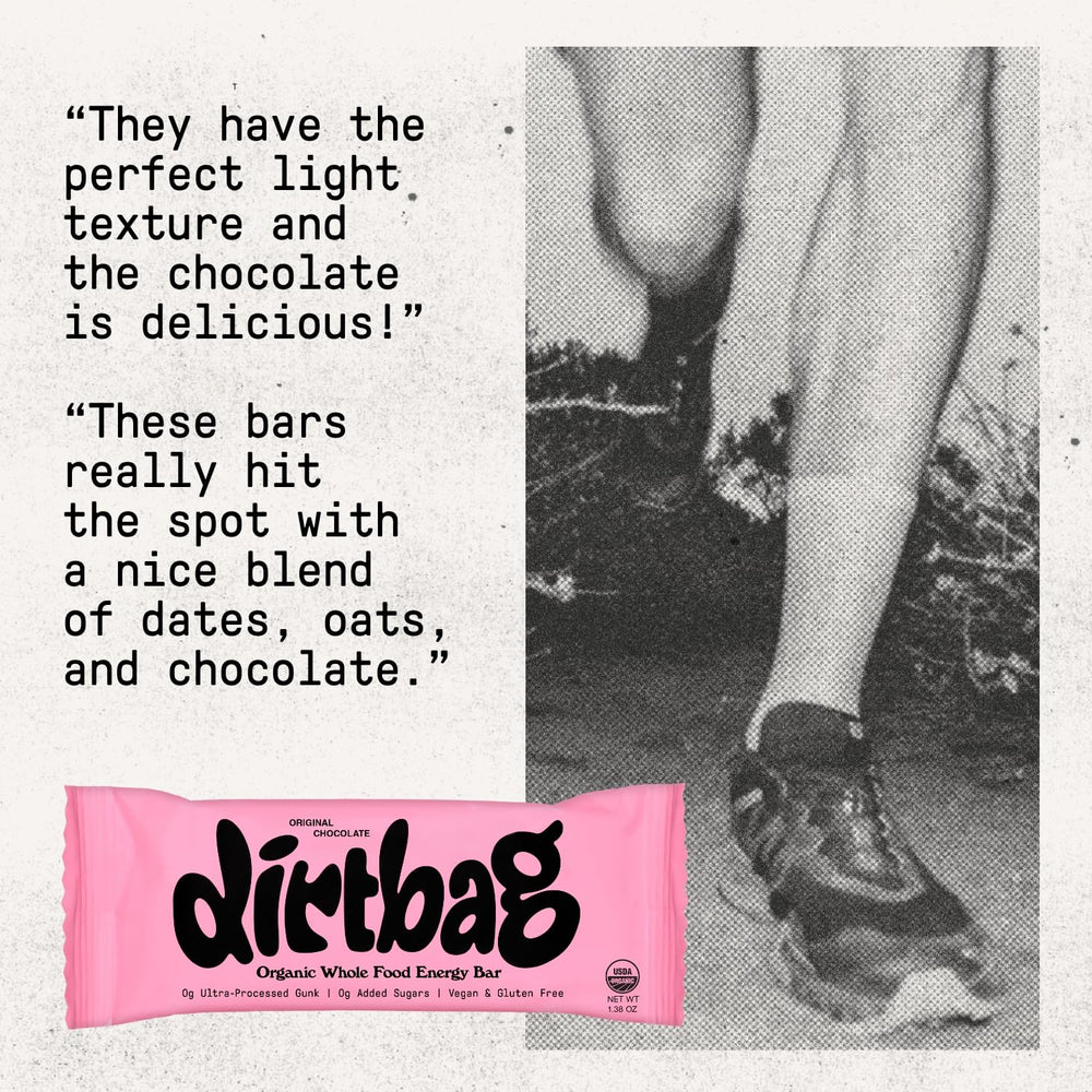 Dirtbag Bar vegan gluten-free label highlights dietary accessibility and plant-based nutrition.
