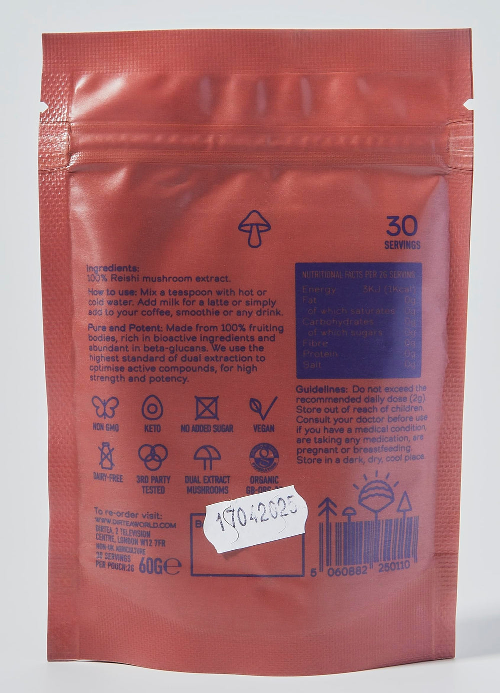 DIRTEA Reishi powder packaging with resealable lid