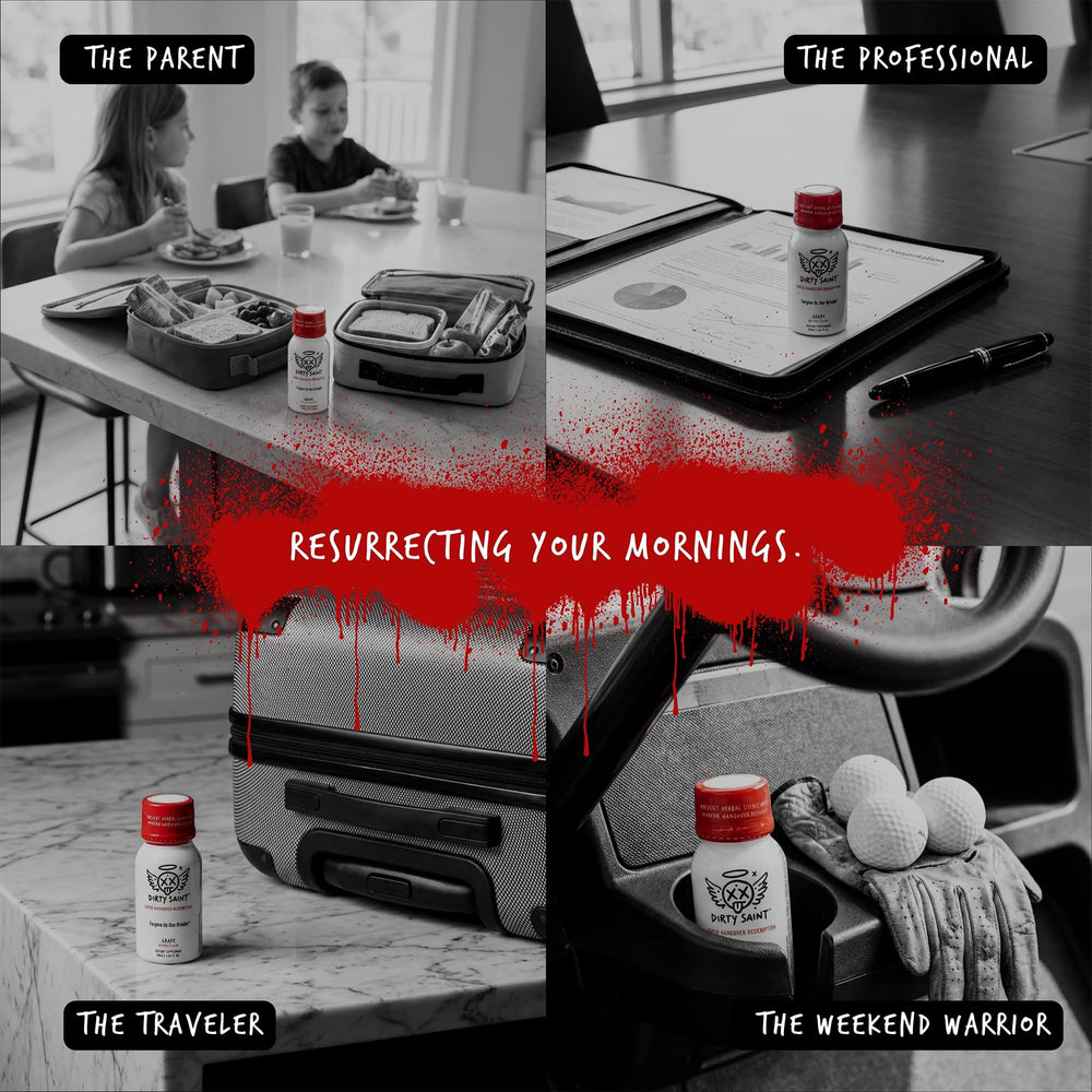 Dirty Saint travel pack, compact 2oz bottle for on-the-go mornings.