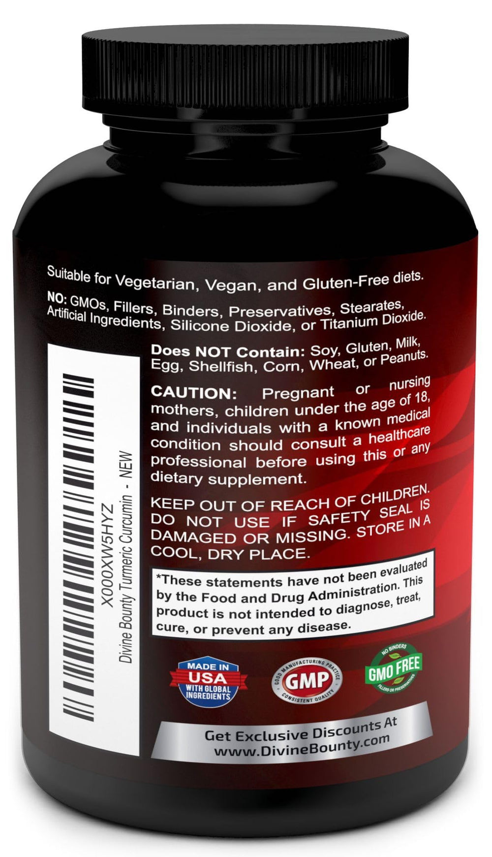 Divine Bounty turmeric capsules, 95% curcuminoids, for concentrated potency.