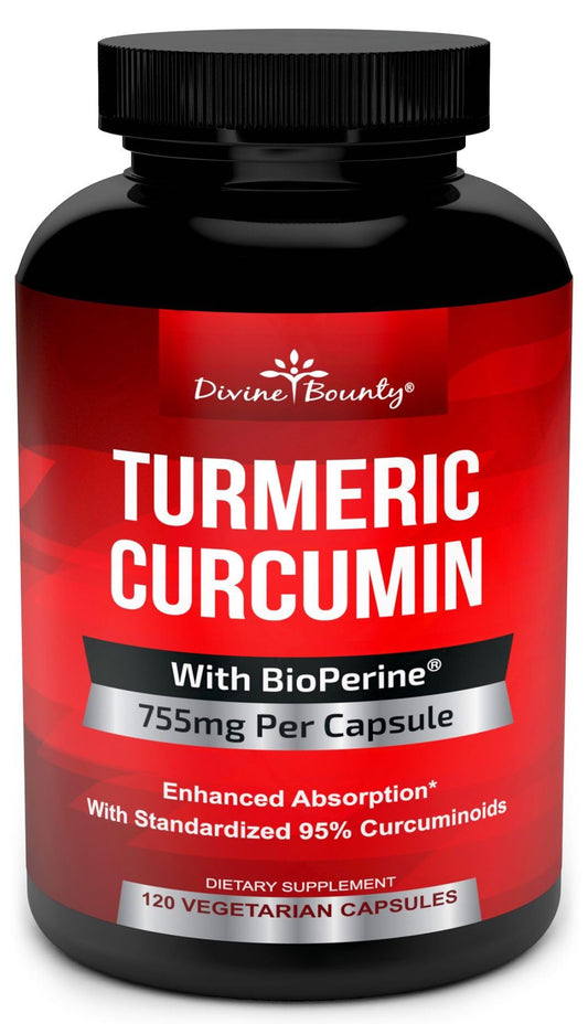 Divine Bounty turmeric bottle with capsules highlighting potency and absorption.