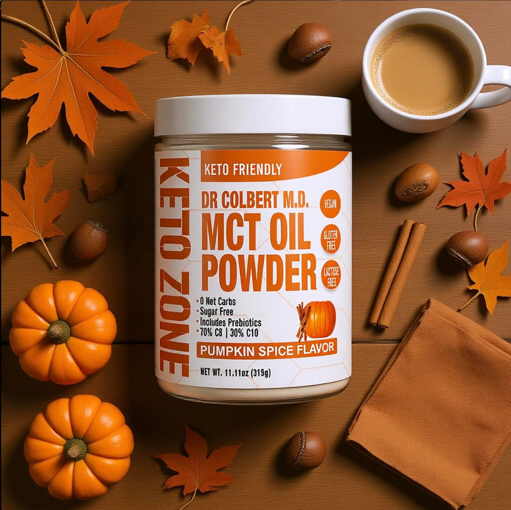 Divine Health Dr. Colbert MCT Oil Powder nutrition panel highlights gluten-free, non-GMO ingredients.