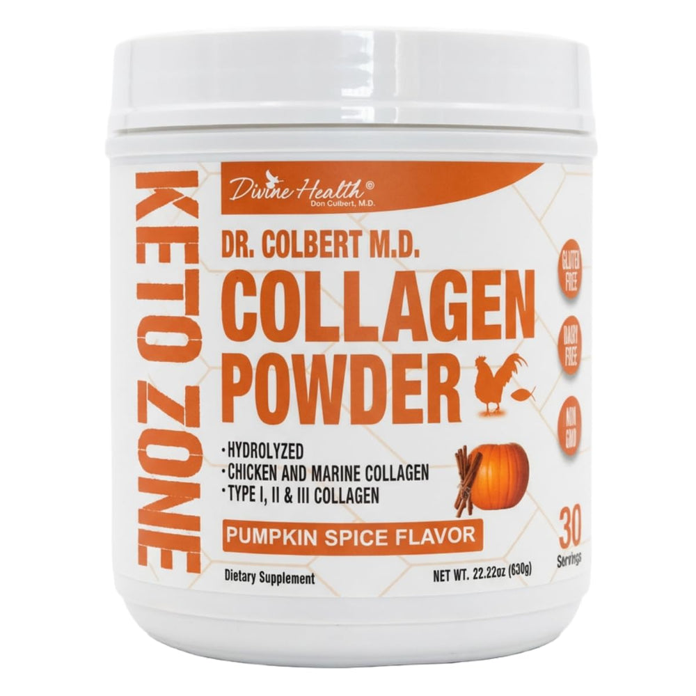 Divine Health Dr. Colbert MD pumpkin spice collagen bottle highlighting product packaging and brand.