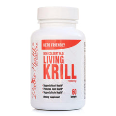 Divine Health Living Krill Oil bottle closeup highlighting omega-3 benefits.