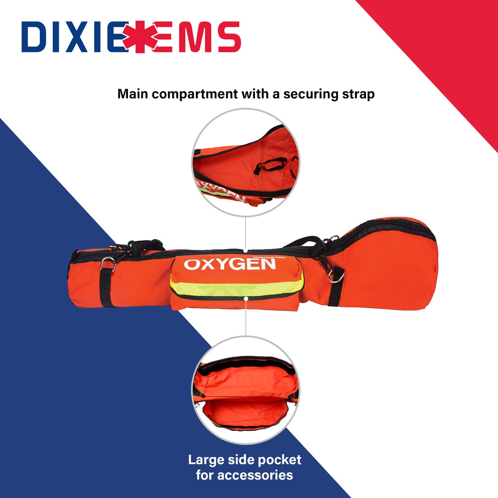 Dixie EMS O2 bag dimensions 34x10x7 inches for E-size cylinder.