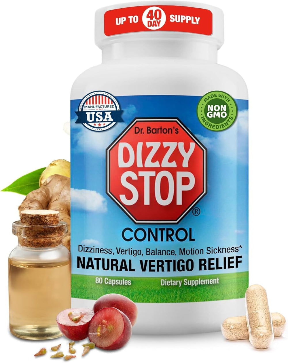 Dizzy Stop vertigo relief bottle with 80-count capsules for on-the-go balance.
