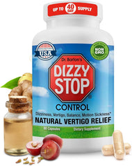 Dizzy Stop vertigo relief bottle with 80-count capsules for on-the-go balance.