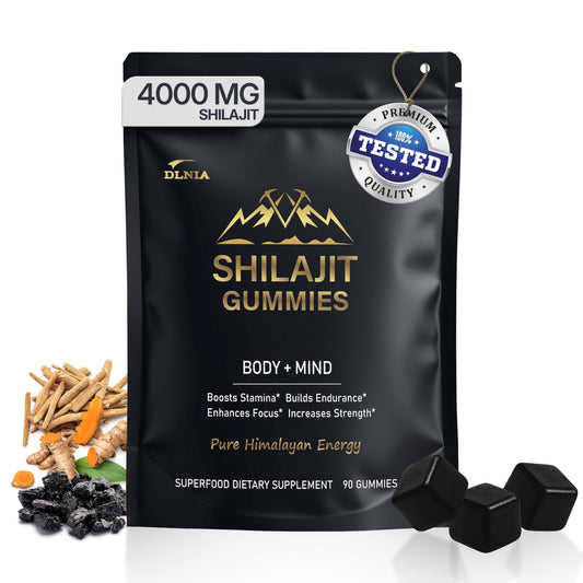 DLNIA 13-in-1 Shilajit Gummies bottle for daily energy support.