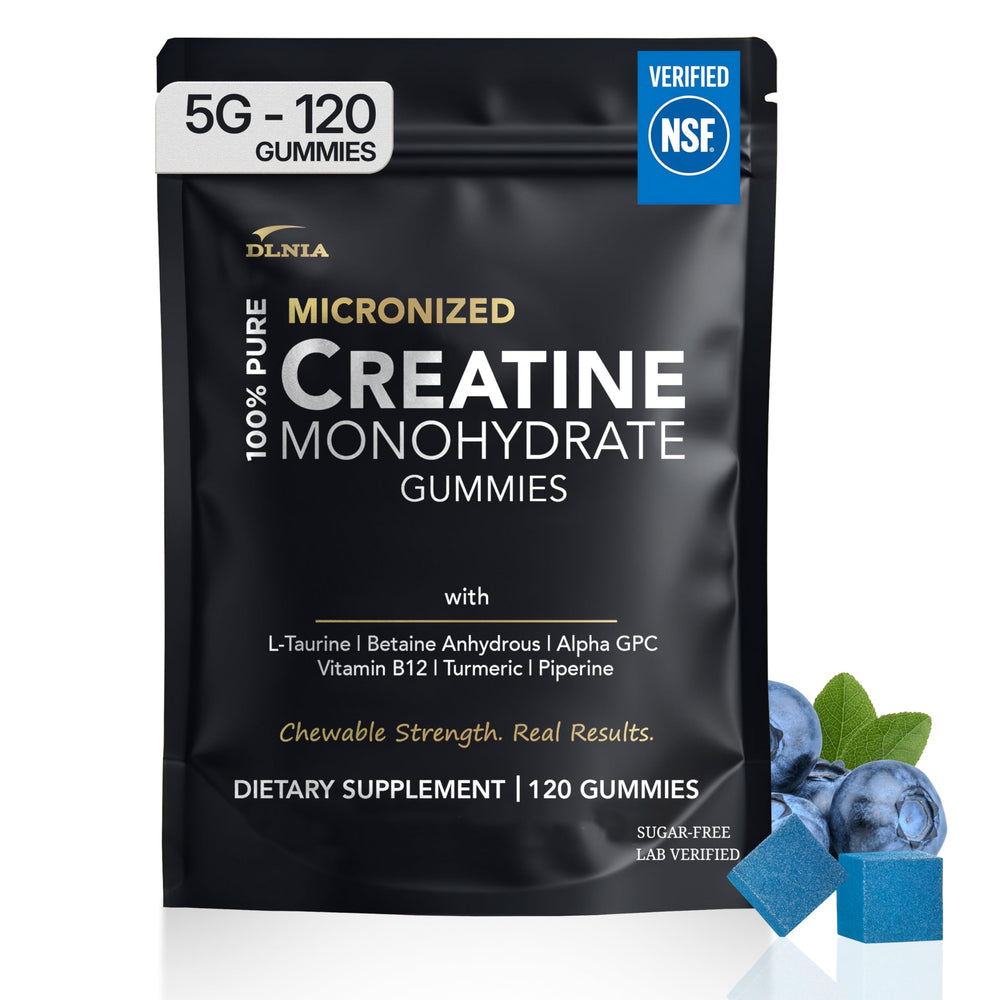 DLNIA creatine monohydrate gummies bottle with blueberry flavor for daily performance