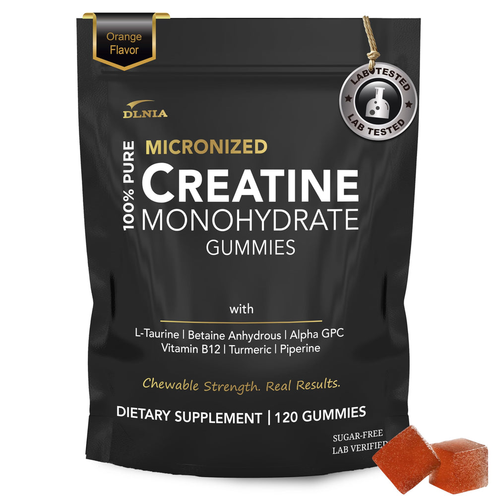 DLNIA creatine monohydrate gummies orange bottle highlights convenient, on-the-go energy support.
