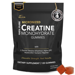 DLNIA creatine monohydrate gummies orange bottle highlights convenient, on-the-go energy support.