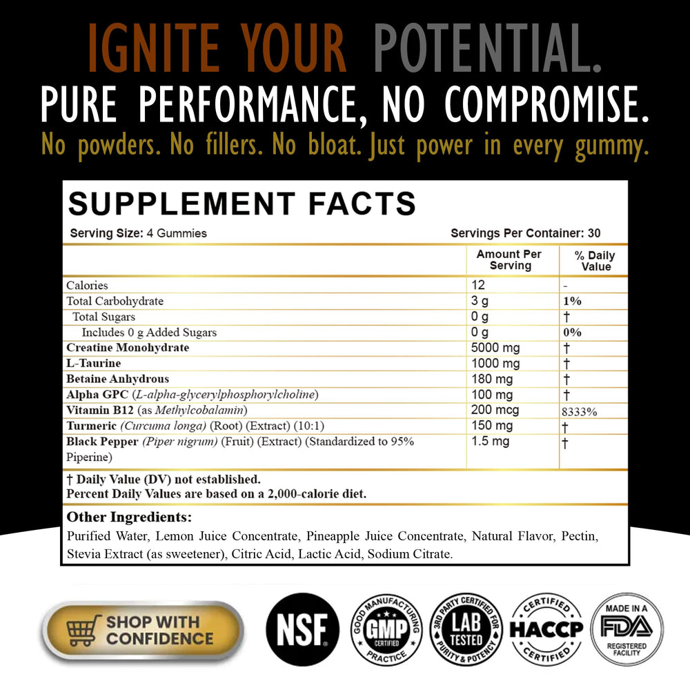 DLNIA Creatine Monohydrate Gummies pineapple pack back showing ingredients and vegan sugar-free formula