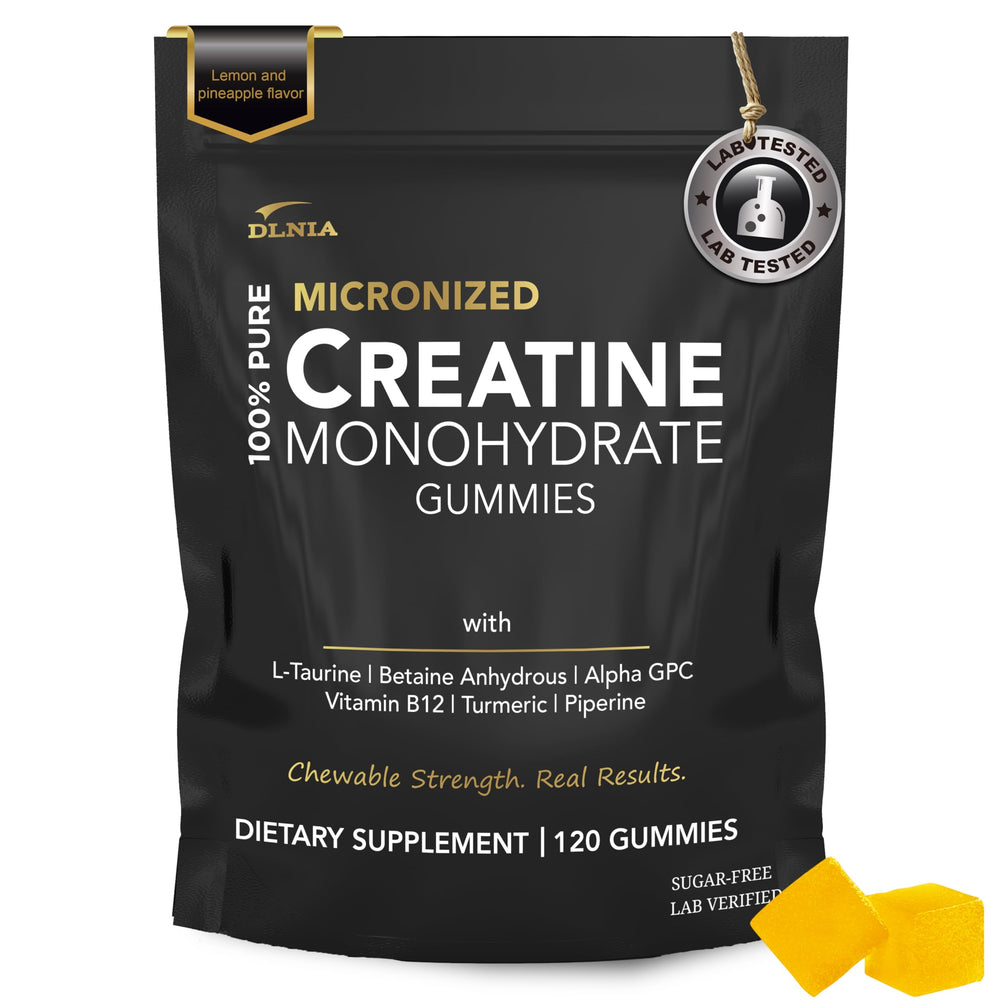 DLNIA Creatine Monohydrate Gummies pineapple pack front view for convenient workouts