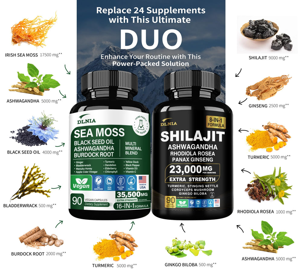 DLNIA Sea Moss 17500mg capsules bottle highlighting mineral-rich support for daily vitality.